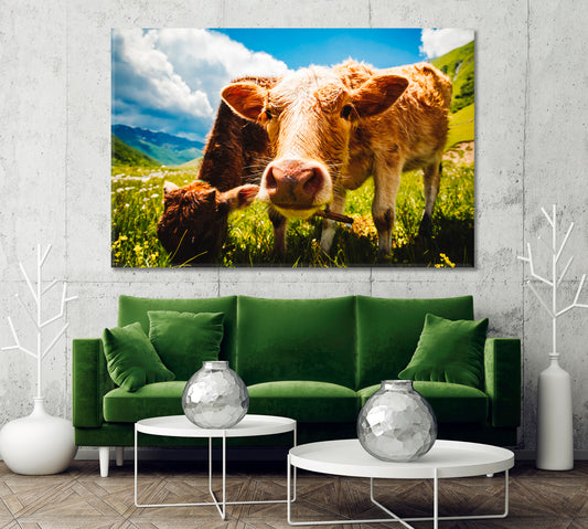Cows Grazing on Alpine Meadow Canvas Print-Canvas Print-CetArt-1 Panel-24x16 inches-CetArt