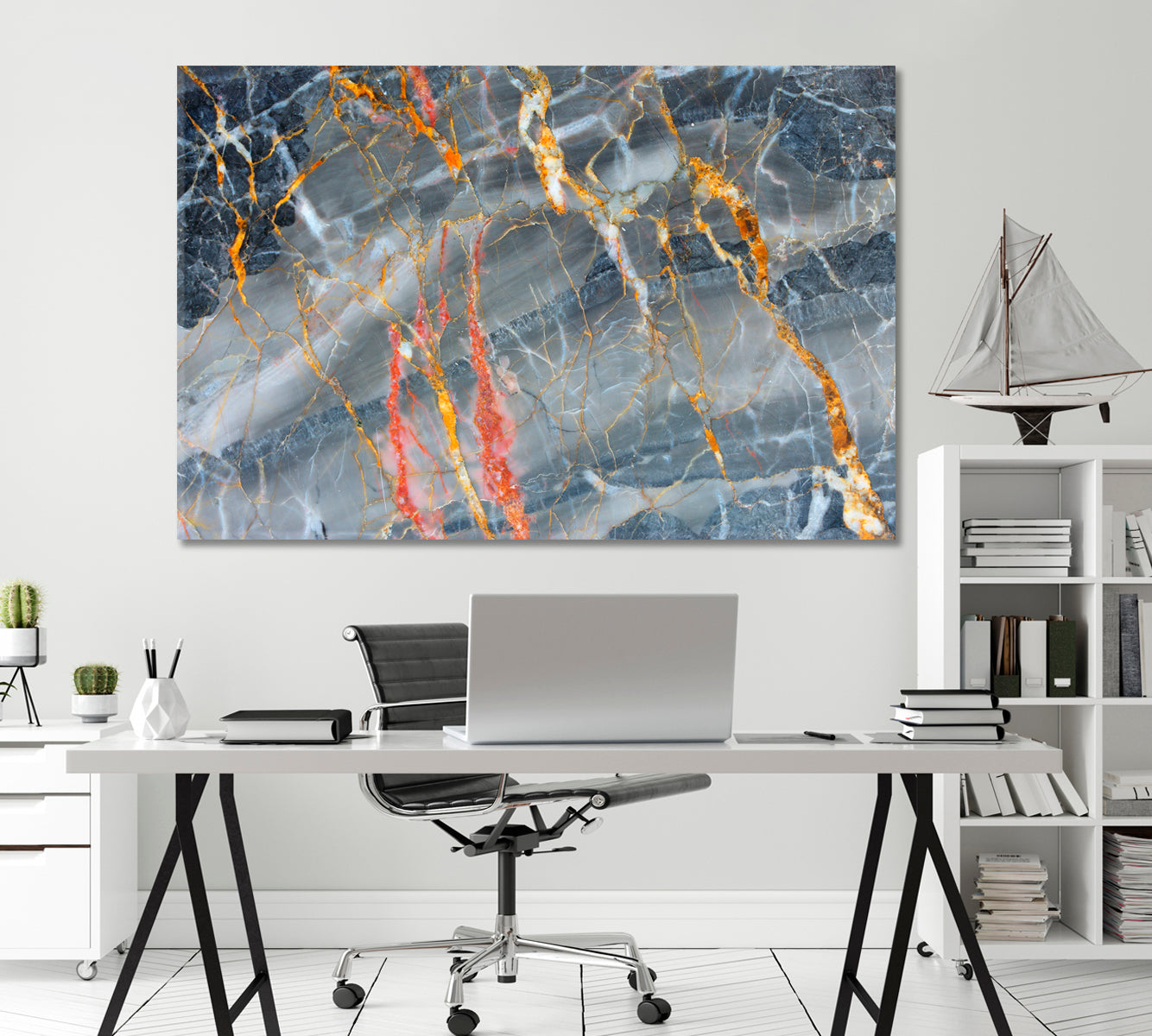Gray Marble with Yellow and Red Strokes Canvas Print-Canvas Print-CetArt-1 Panel-24x16 inches-CetArt