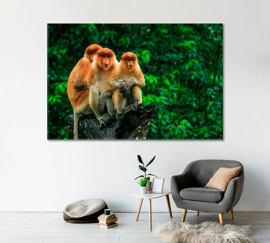 Three Monkeys Sitting on a Tree in the Rain Canvas Print-Canvas Print-CetArt-1 Panel-24x16 inches-CetArt