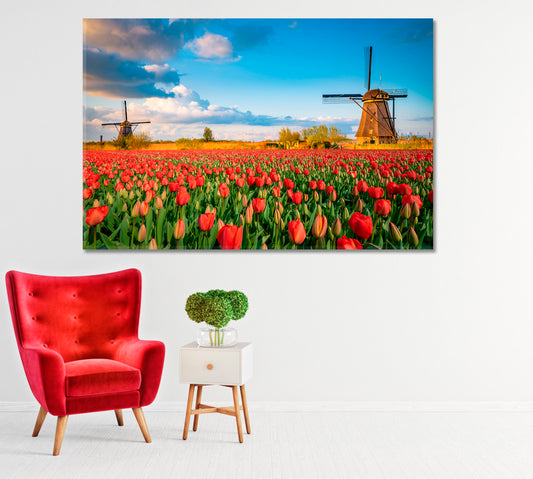 Tulip Field and Two Windmills Holland Canvas Print-Canvas Print-CetArt-1 Panel-24x16 inches-CetArt