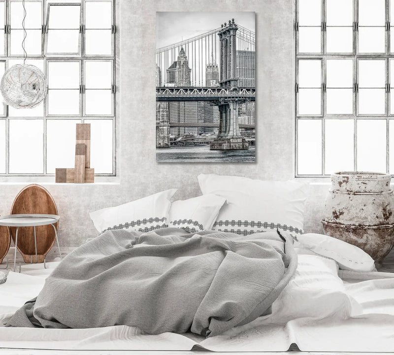 Manhattan Bridge vertical black & white over bed
