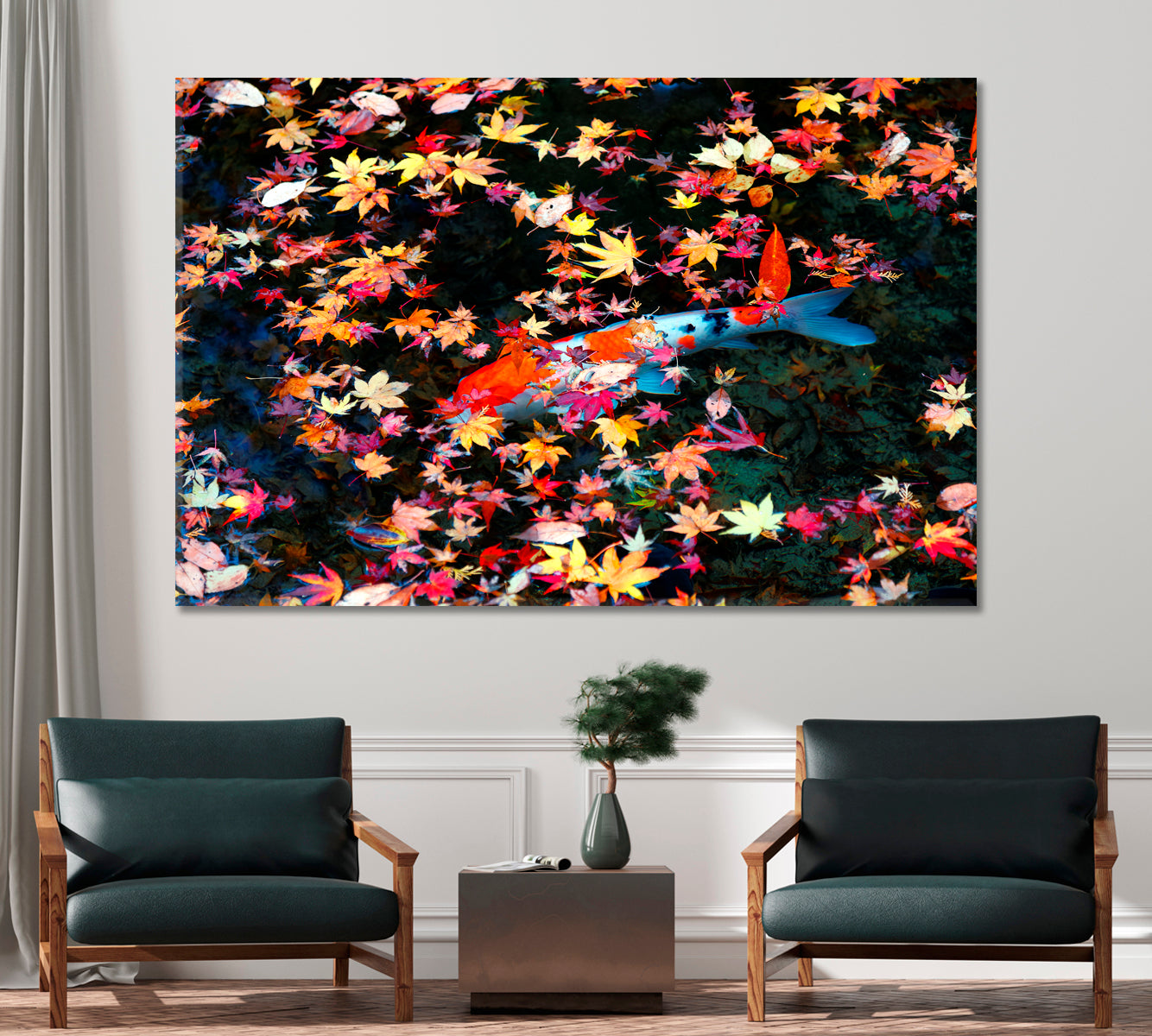 Koi Fish Fancy Carp in Pond with Maple Leaves Canvas Print-Canvas Print-CetArt-1 Panel-24x16 inches-CetArt