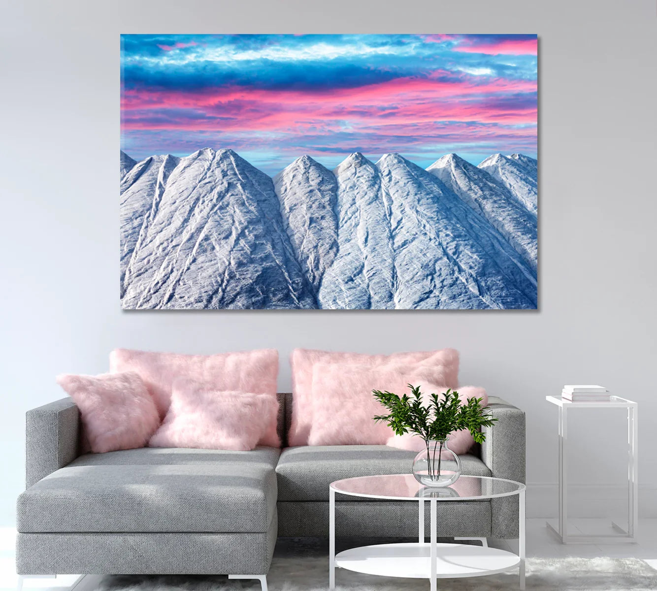 Gran lienzo de un solo panel de Pile of Salt con Purple Sunset diseñado sobre un sofá moderno con almohadas ruborizadas