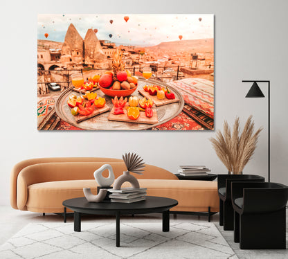 Turkish Breakfast with Cappadocia View and Flying Balloons Canvas Print-Canvas Print-CetArt-1 Panel-24x16 inches-CetArt