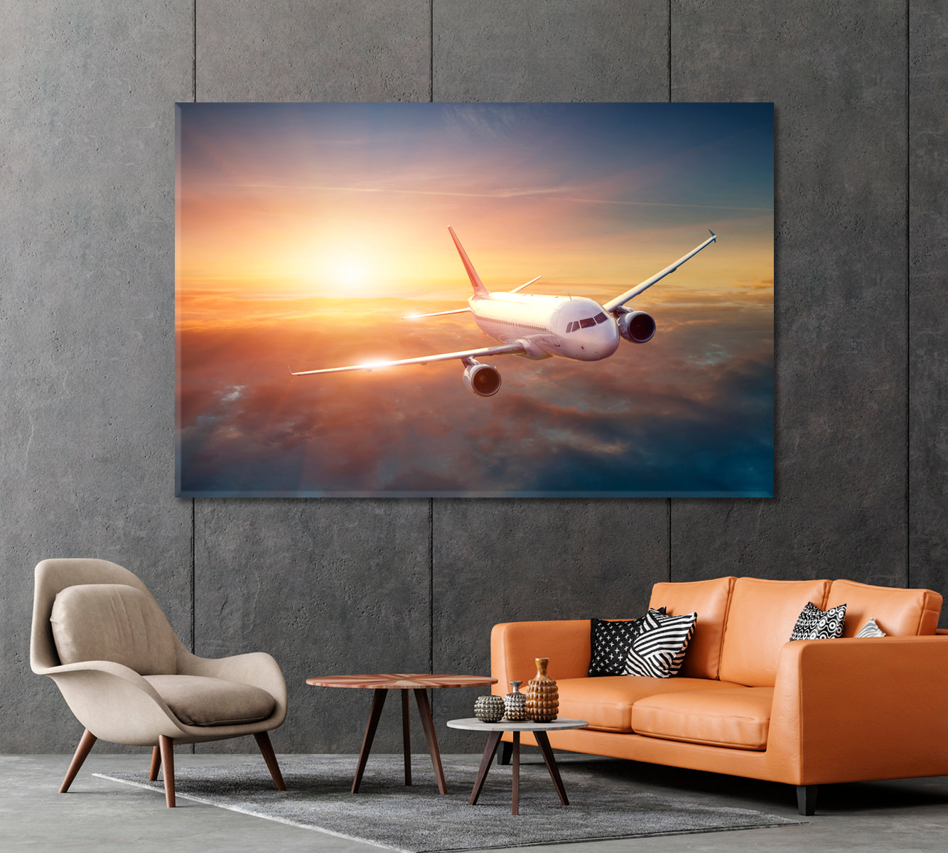 Airplane in Sky at Sunset Canvas Print-Canvas Print-CetArt-1 Panel-24x16 inches-CetArt