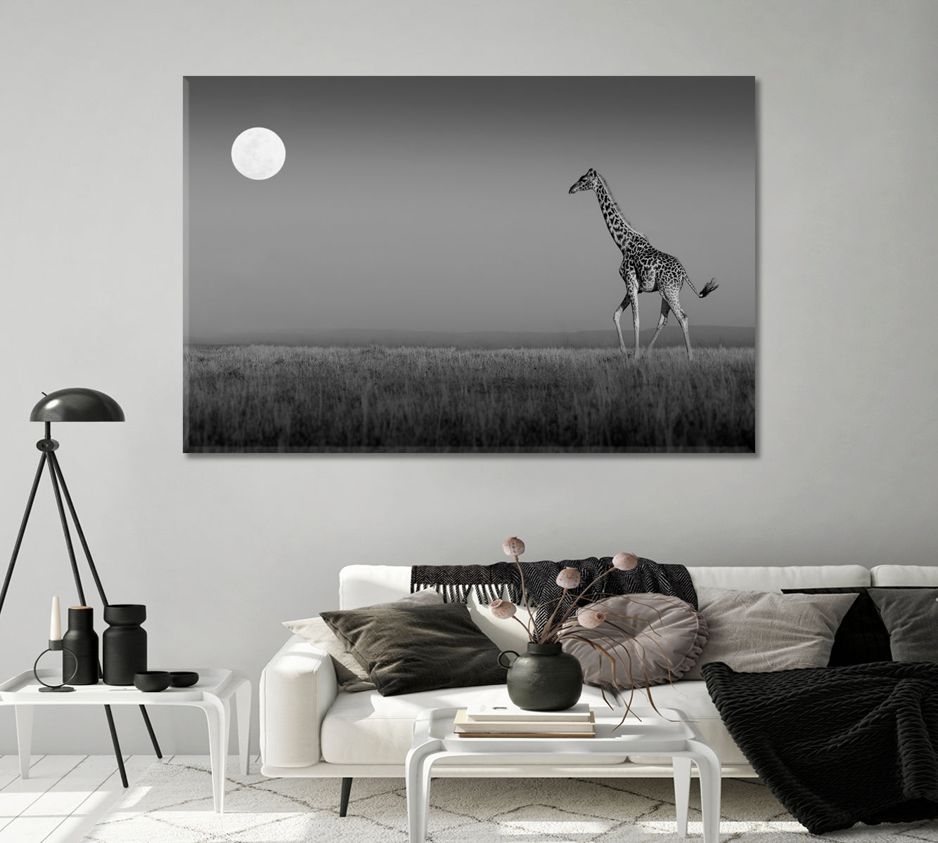 Giraffe in Masai Mara Black and White Canvas Print-Canvas Print-CetArt-1 Panel-24x16 inches-CetArt