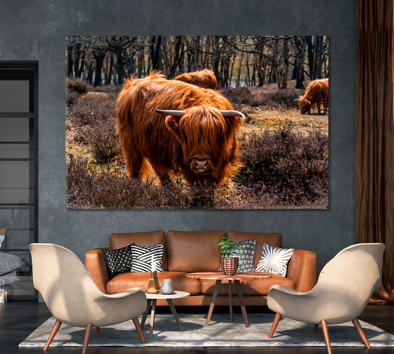 Highland Cattle Grazing Canvas Print-Canvas Print-CetArt-1 Panel-24x16 inches-CetArt
