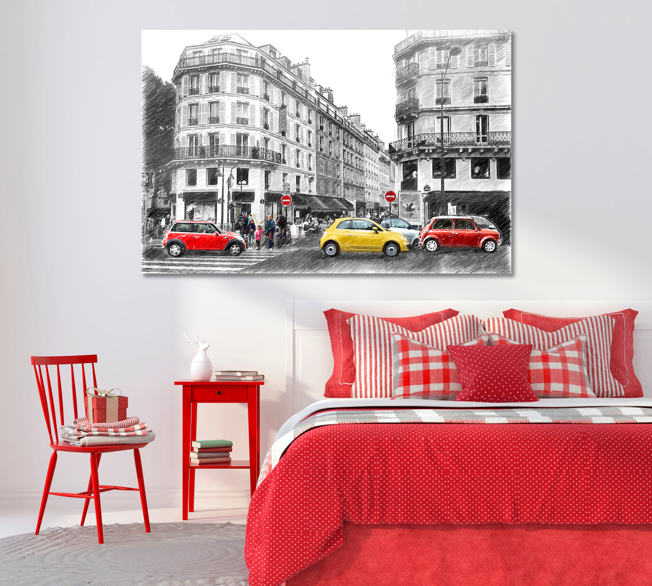 Paris Street in Black And White With Red Cars Canvas Print-Canvas Print-CetArt-1 Panel-24x16 inches-CetArt