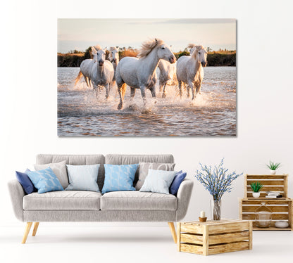 Herd of White Horses Galloping on Water Canvas Print-Canvas Print-CetArt-1 Panel-24x16 inches-CetArt