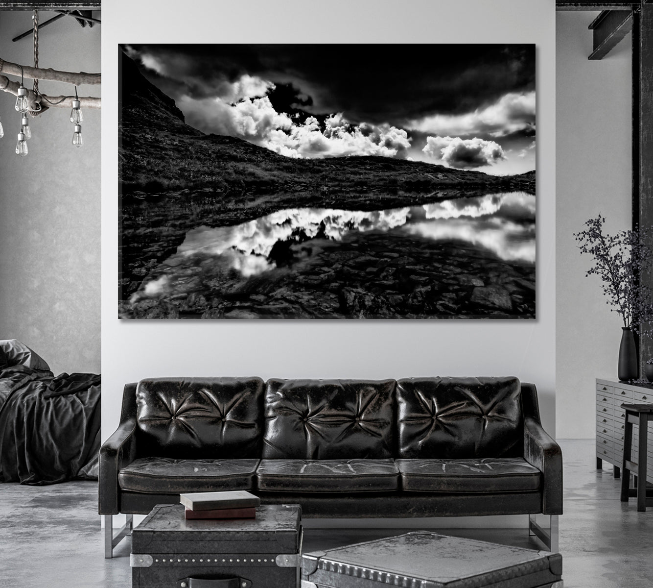 Sky over Alpine Lake in Black White Canvas Print-Canvas Print-CetArt-1 Panel-24x16 inches-CetArt