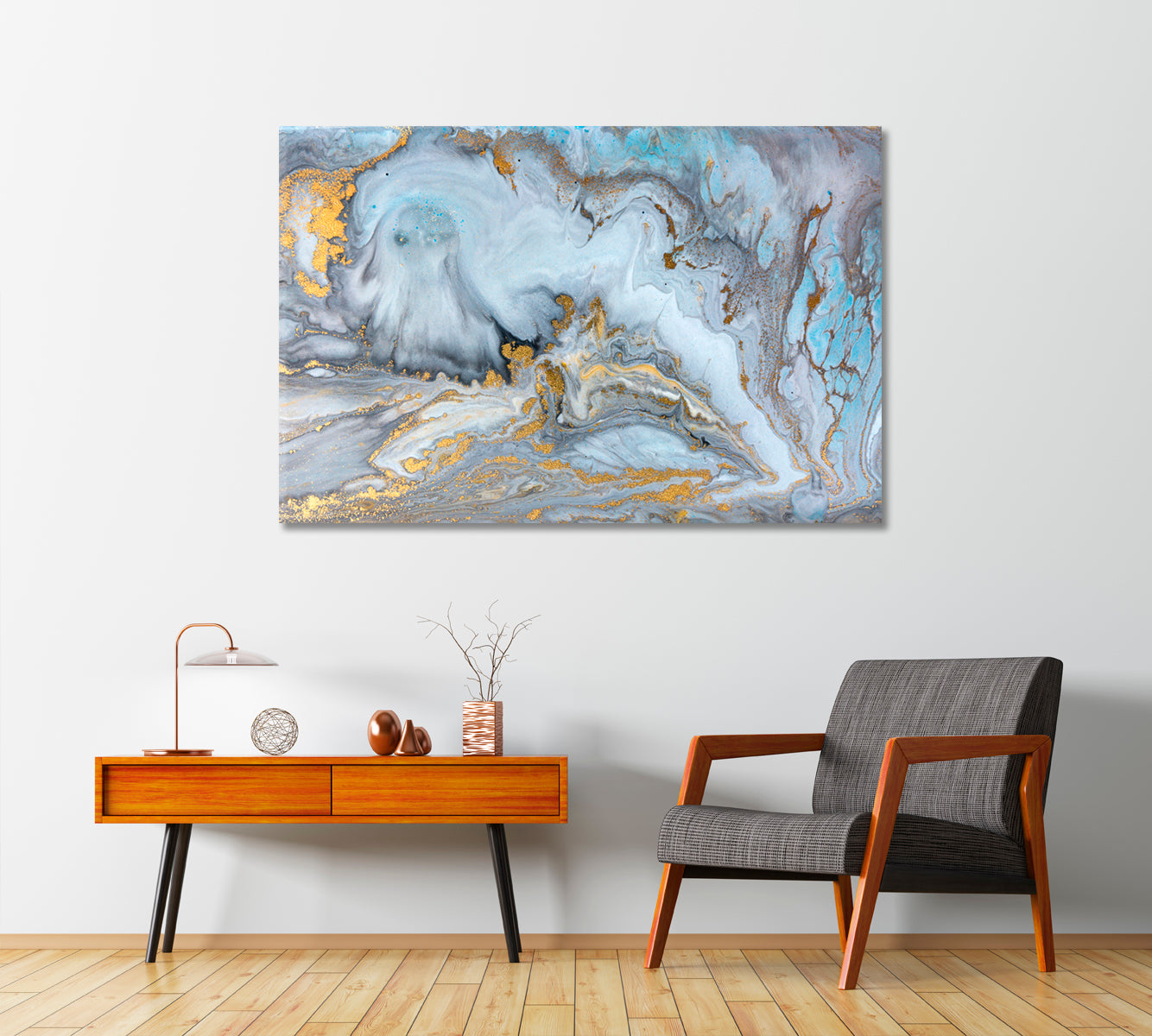 White Blue And Gold Marbling Pattern Canvas Print-Canvas Print-CetArt-1 Panel-24x16 inches-CetArt