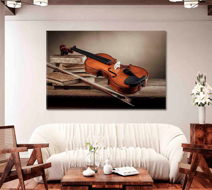 Still Life Old Violin with Bow and Books Canvas Print-Canvas Print-CetArt-1 Panel-24x16 inches-CetArt