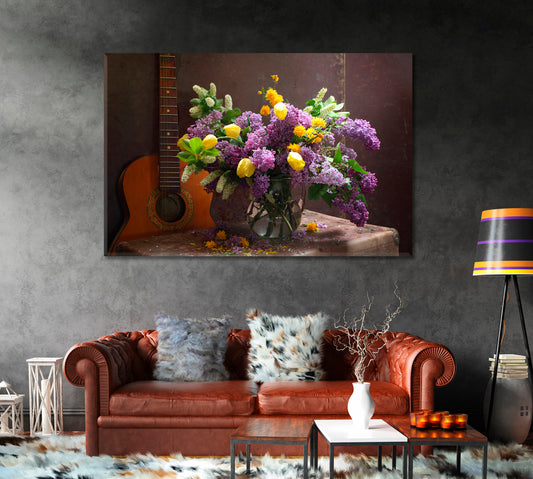 Still Life with Guitar and Magnificent Lilac Flowers Canvas Print-Canvas Print-CetArt-1 Panel-24x16 inches-CetArt