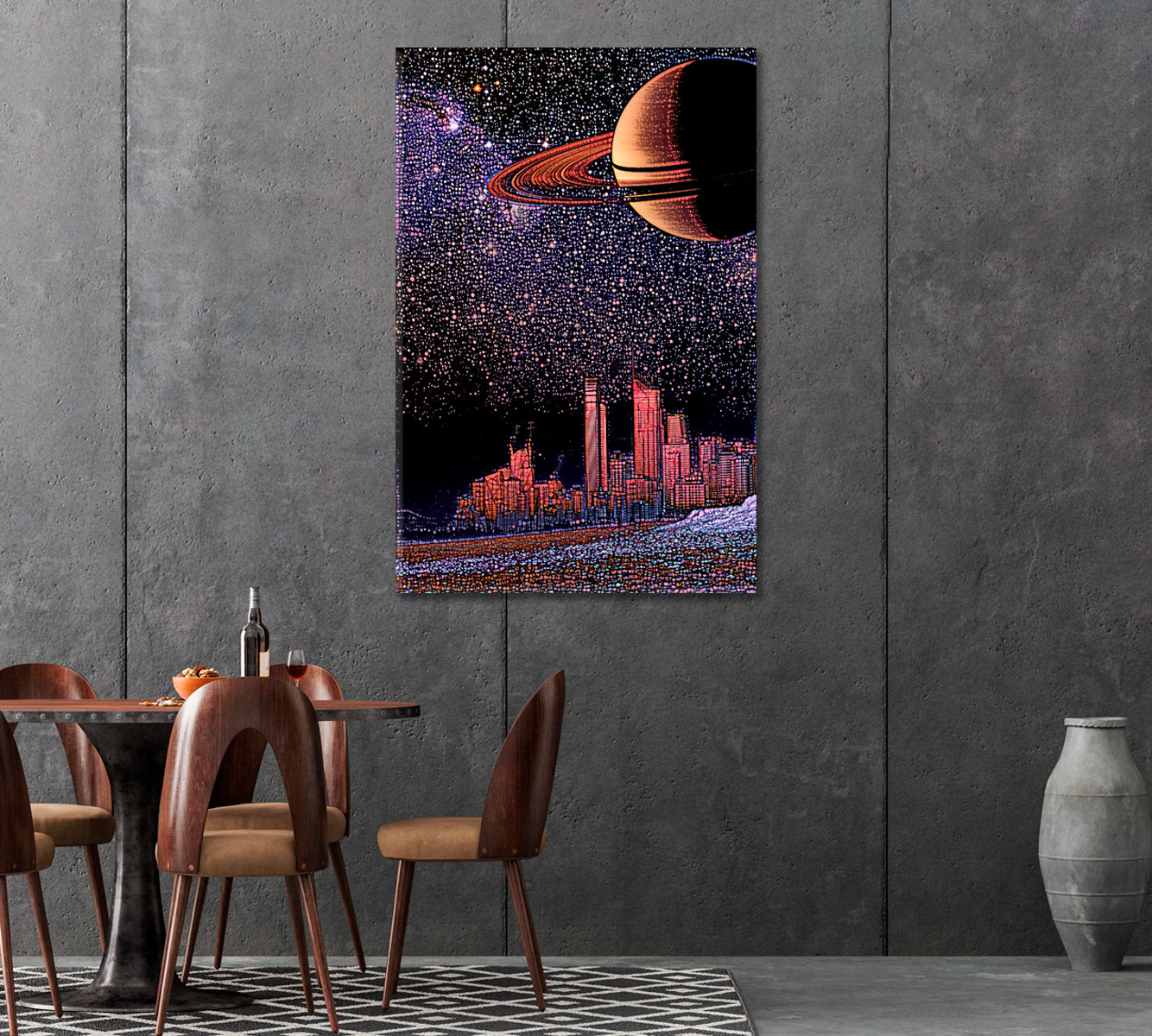 Fantastic Landscape with City Skyline and Planet Saturn Canvas Print-Canvas Print-CetArt-1 panel-16x24 inches-CetArt