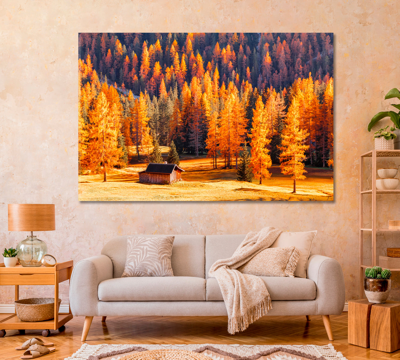Wooden House Surrounded by Autumn Dolomites Trees Canvas Print-Canvas Print-CetArt-1 Panel-24x16 inches-CetArt
