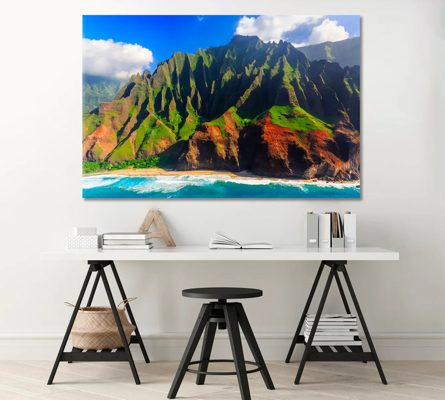 Napali Coast cliffs in Hawaii wall art over a tidy white desk