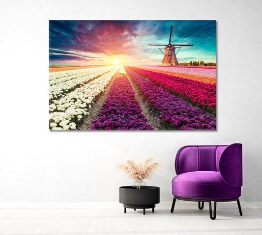 Tulip Field with Windmill Netherlands Canvas Print-Canvas Print-CetArt-1 Panel-24x16 inches-CetArt