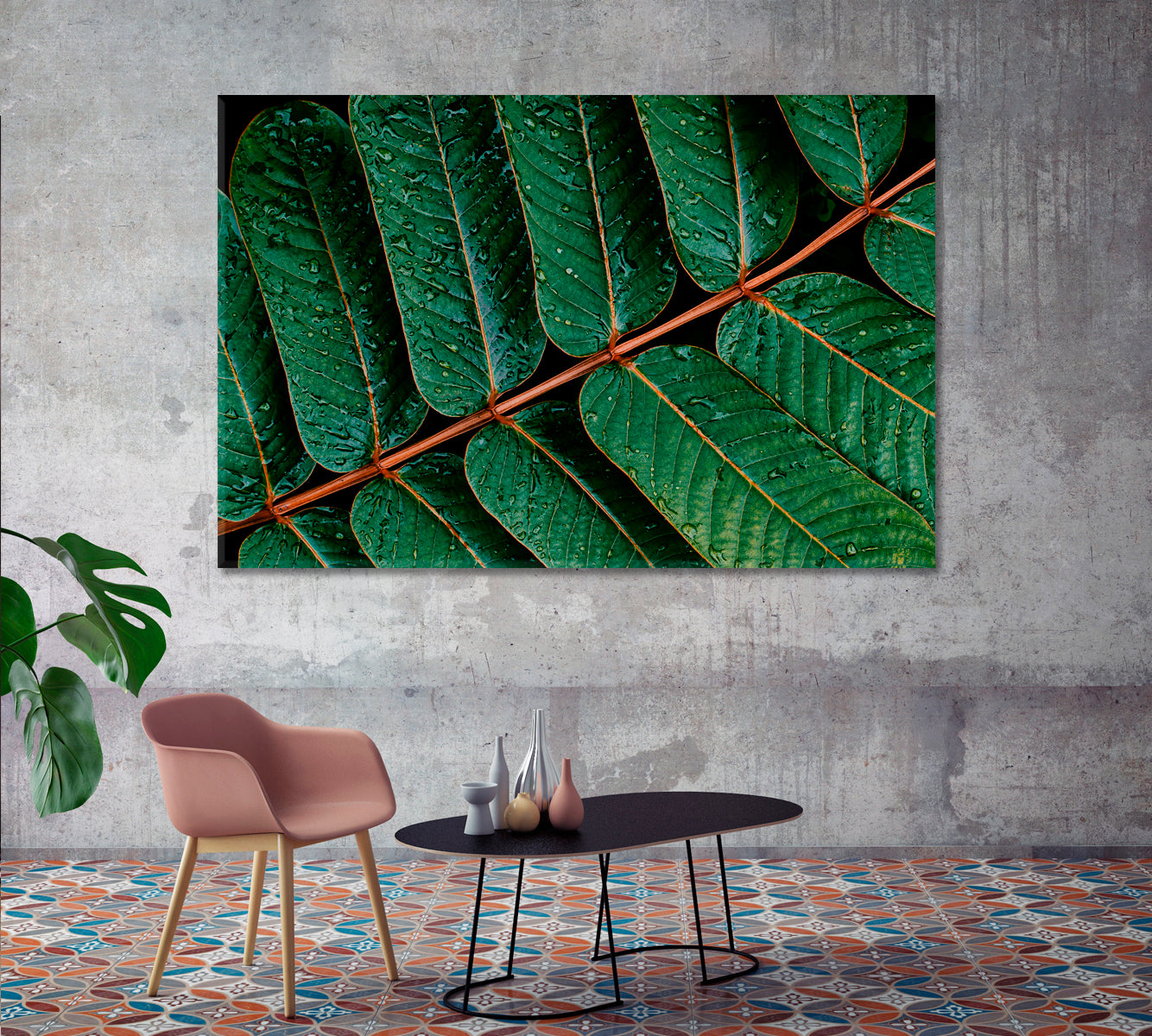 Water Drops on Tropical Green Leaves Canvas Print-Canvas Print-CetArt-1 Panel-24x16 inches-CetArt