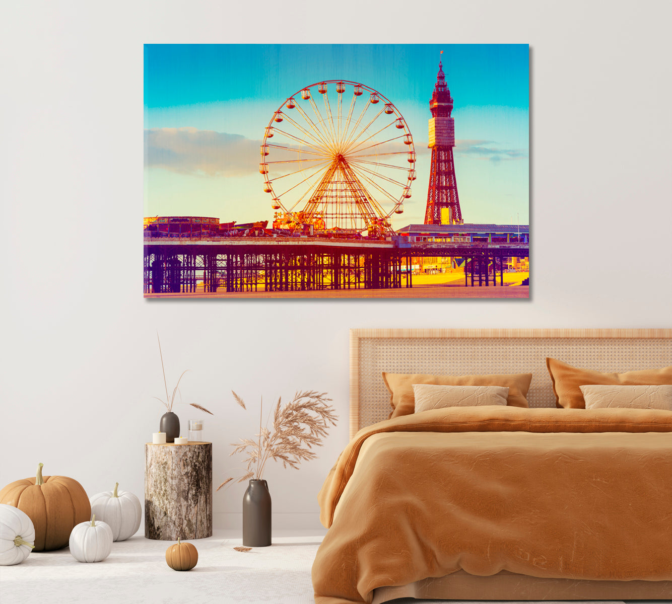 Effect Blackpool Tower and Central Pier Ferris Wheel UK Canvas Print-Canvas Print-CetArt-1 Panel-24x16 inches-CetArt