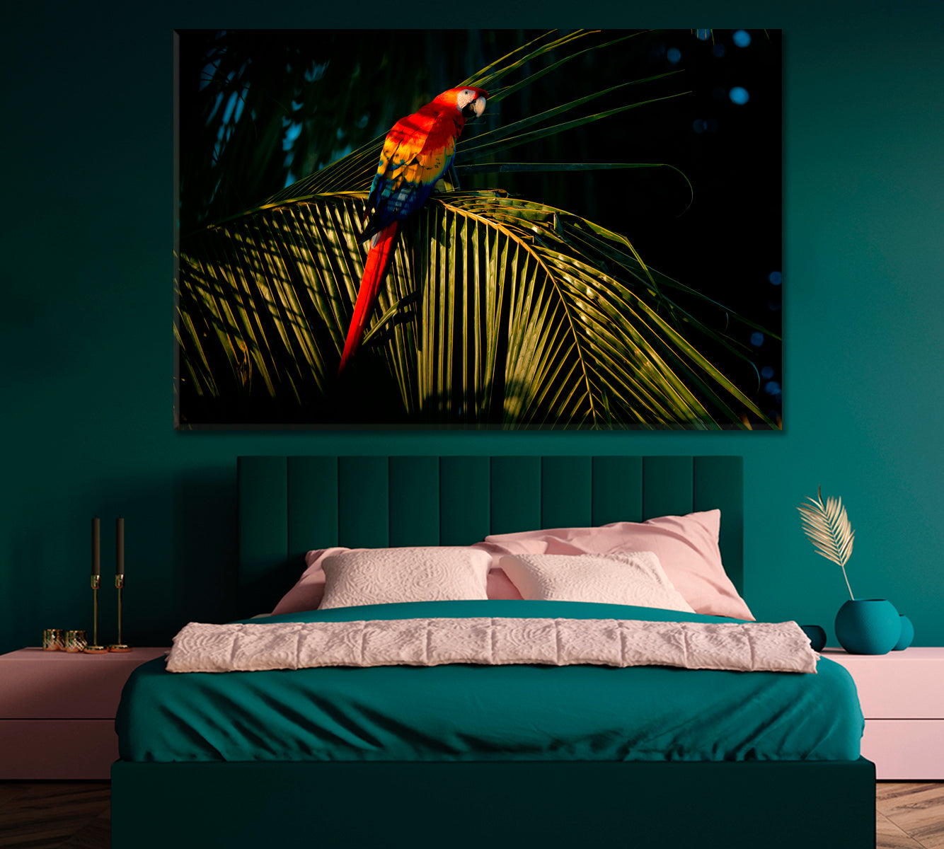 Macaw Parrot on Palm Leaf Canvas Print-Canvas Print-CetArt-1 Panel-24x16 inches-CetArt