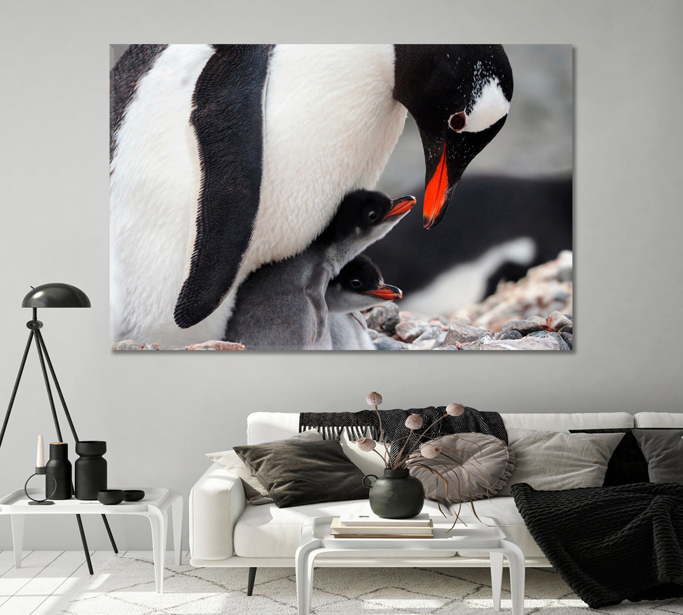 Caring Penguin with Two Chicks Canvas Print-Canvas Print-CetArt-1 Panel-24x16 inches-CetArt