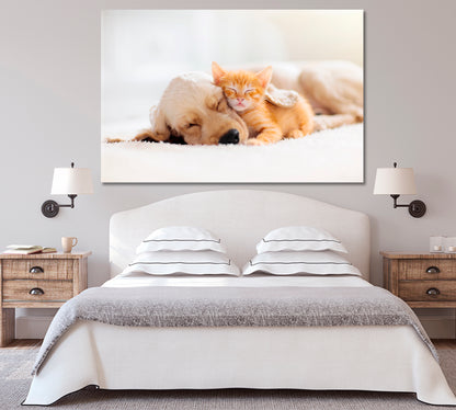 Cat and Puppy Sleeping Together Canvas Print-Canvas Print-CetArt-1 Panel-24x16 inches-CetArt