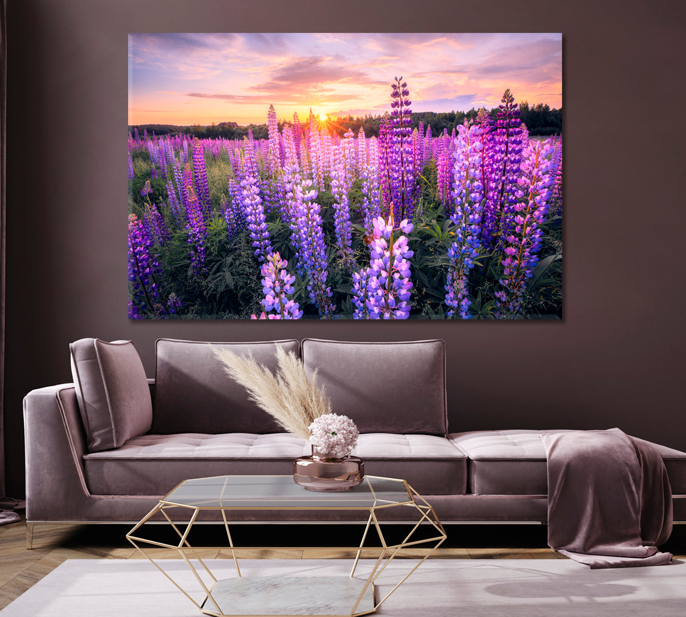 Summer Sunset over Field with Blooming Lupins Canvas Print-Canvas Print-CetArt-1 Panel-24x16 inches-CetArt