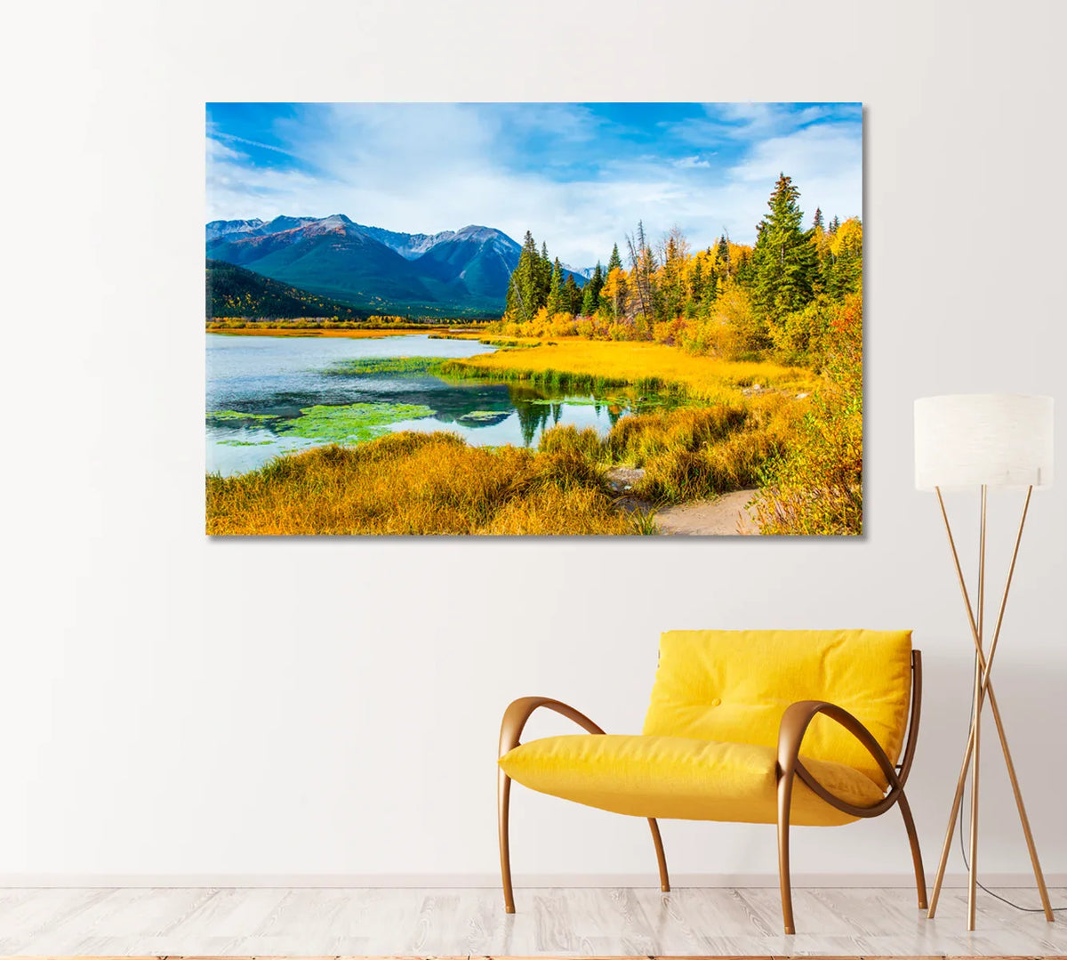 Autumn lake and mountains canvas print styled with a sunny accent chair.
