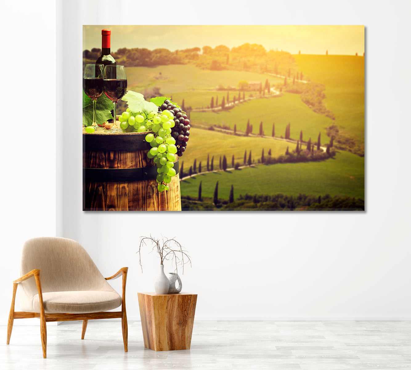 Red Wine with Barrel on Vineyard in Tuscany Italy Canvas Print-Canvas Print-CetArt-1 Panel-24x16 inches-CetArt