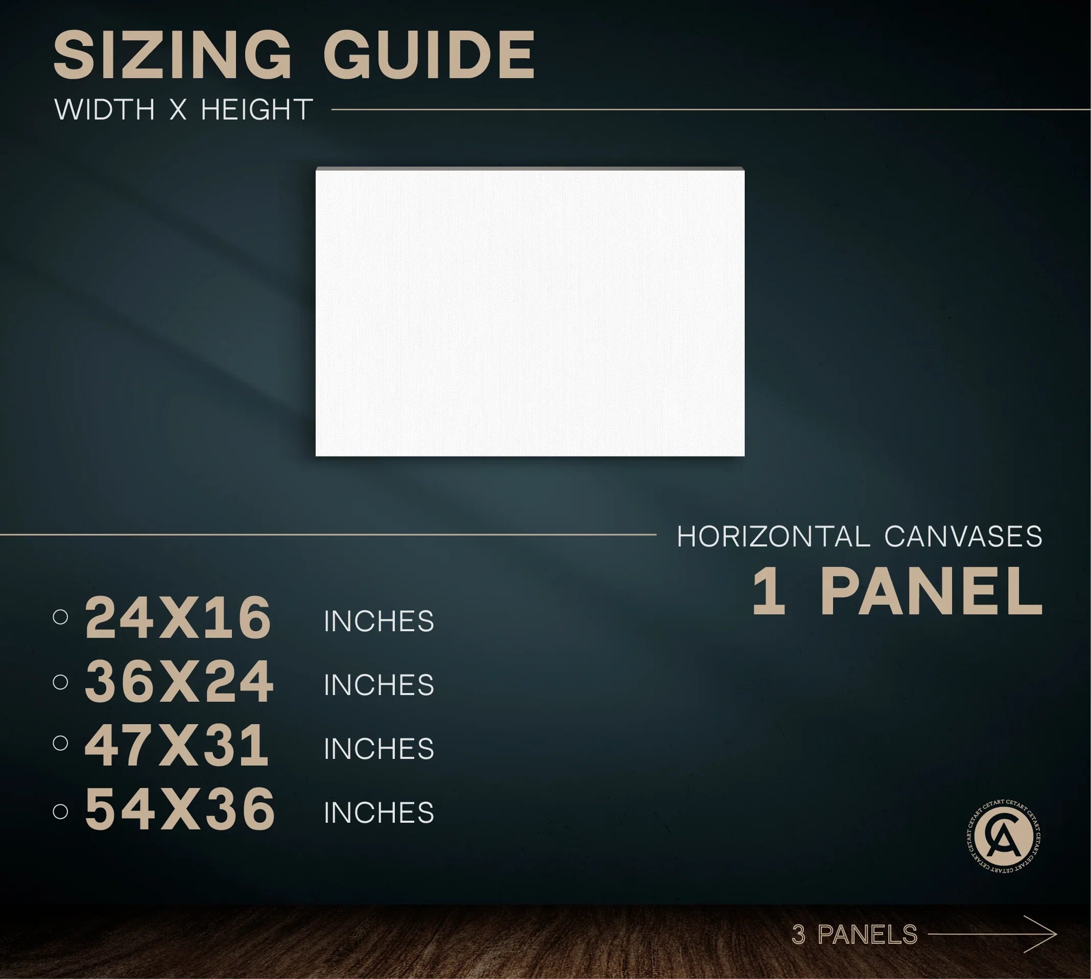 CetArt horizontal canvas sizing guide showing popular landscape formats