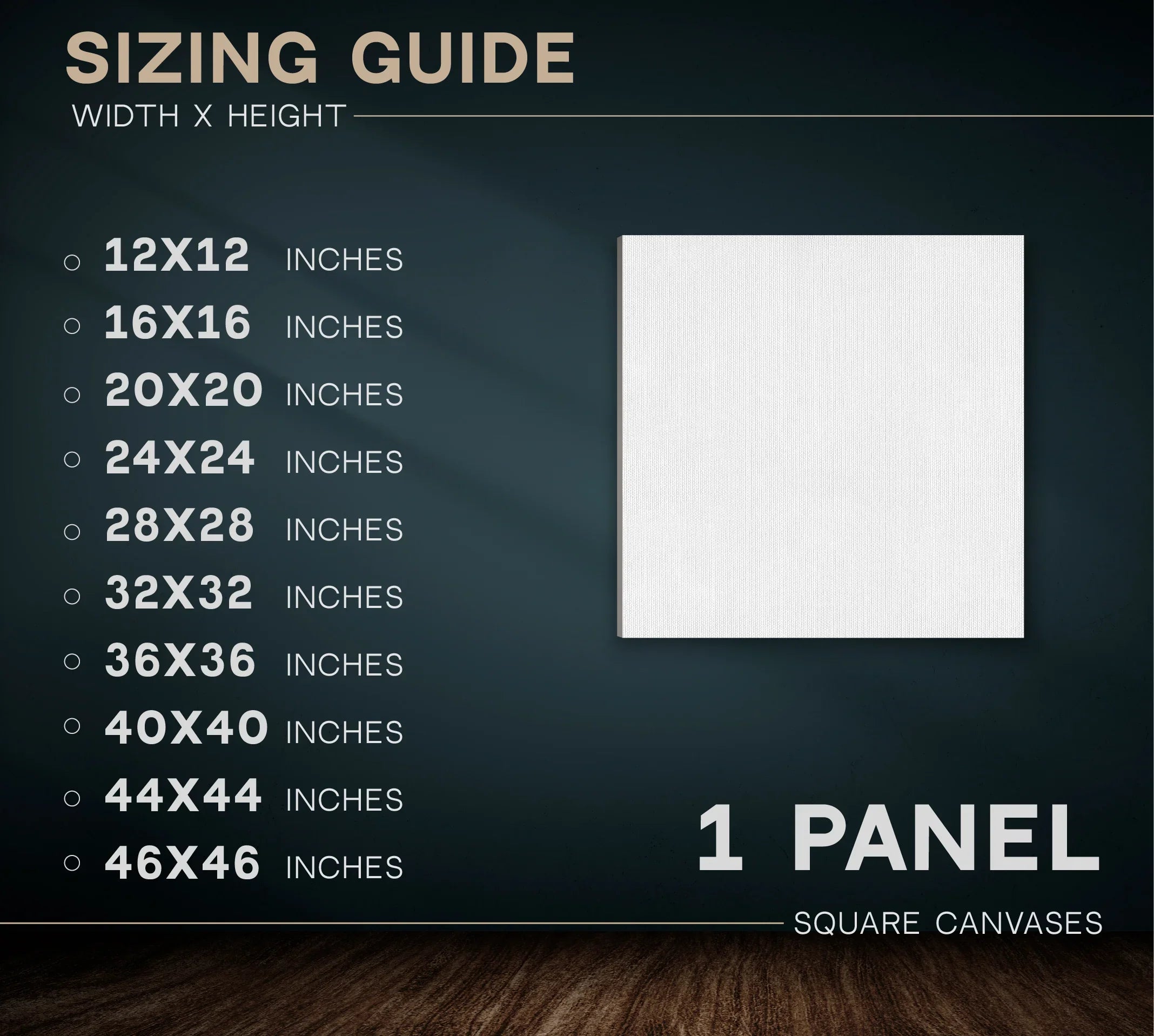 Square canvas sizing guide from 12x12 up to 46x46 inches