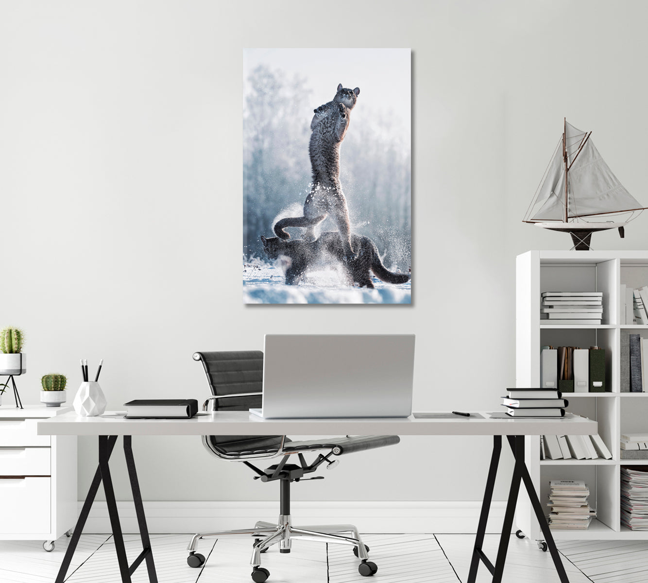 Cougars Play in Snow Canvas Print-Canvas Print-CetArt-1 panel-16x24 inches-CetArt