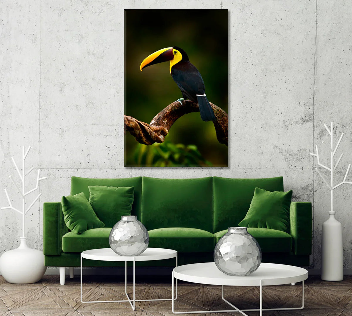 Yellow-throated toucan canvas print in a modern living room with green sofa.