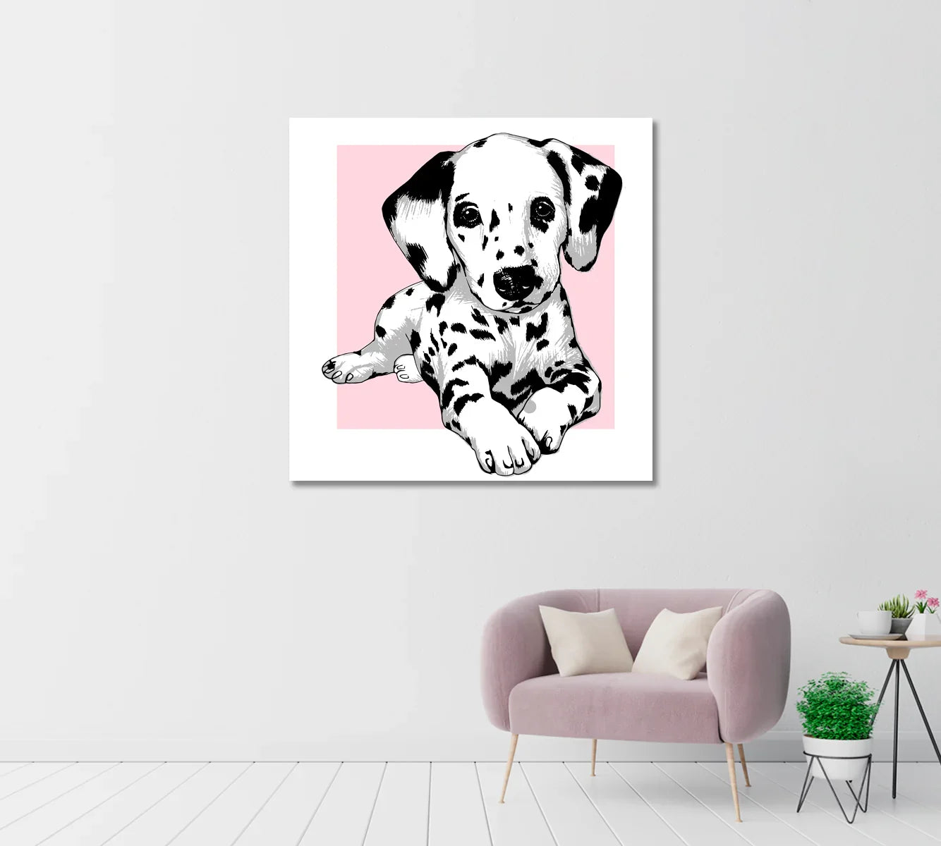 Cute Dalmatian Puppy Canvas Print — square pink background