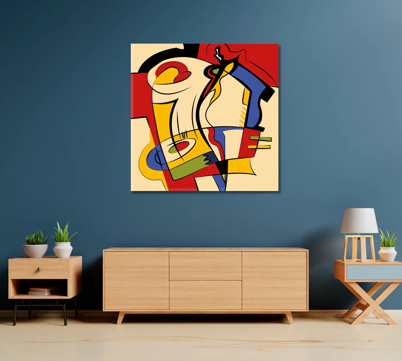 Geometric abstract canvas styled on a blue wall above a low credenza