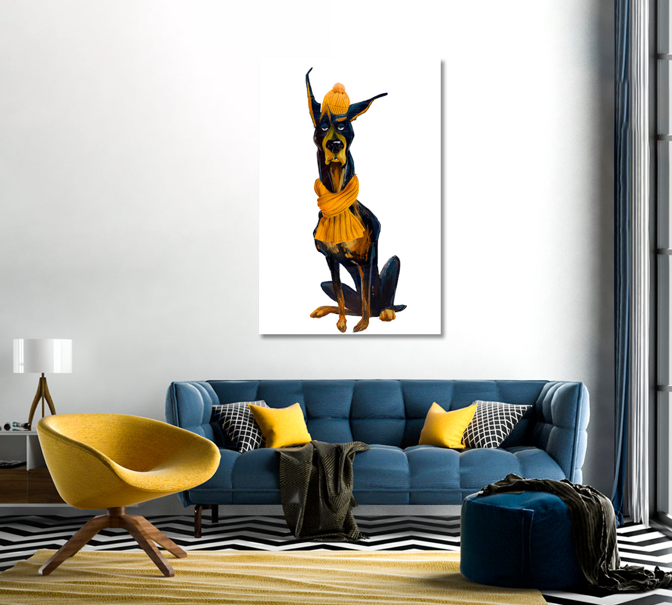 Cartoon Doberman Pinscher with Yellow Scarf Canvas Print-Canvas Print-CetArt-1 panel-16x24 inches-CetArt