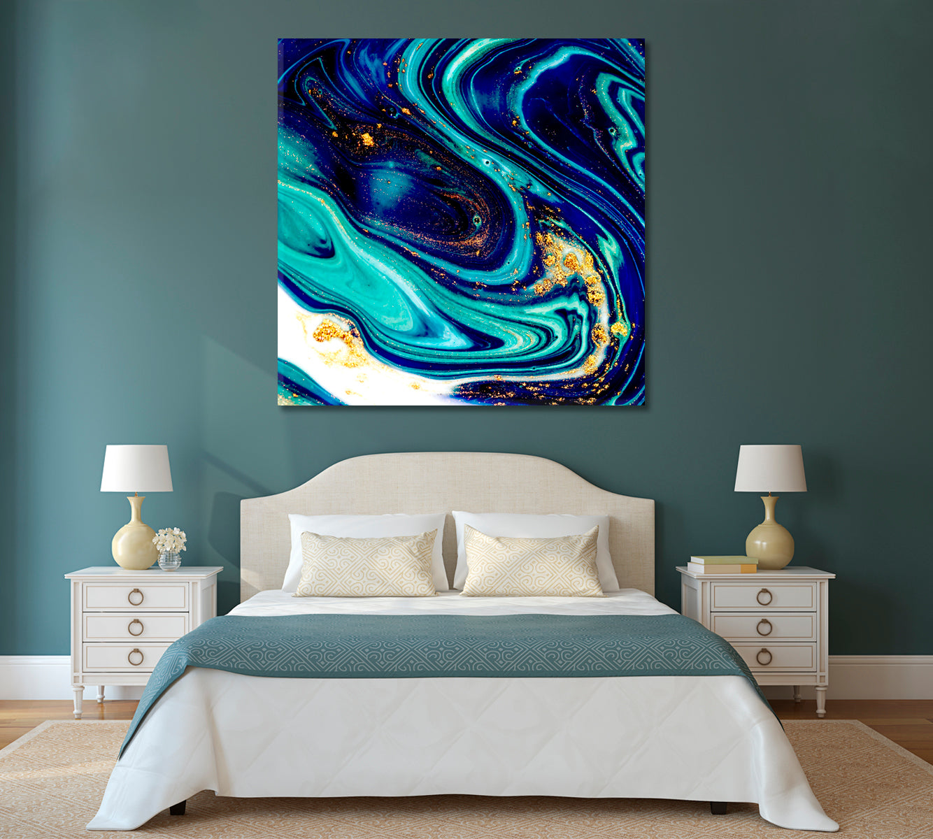 Abstract Blue Marble with Golden Powder Canvas Print-Canvas Print-CetArt-1 panel-12x12 inches-CetArt