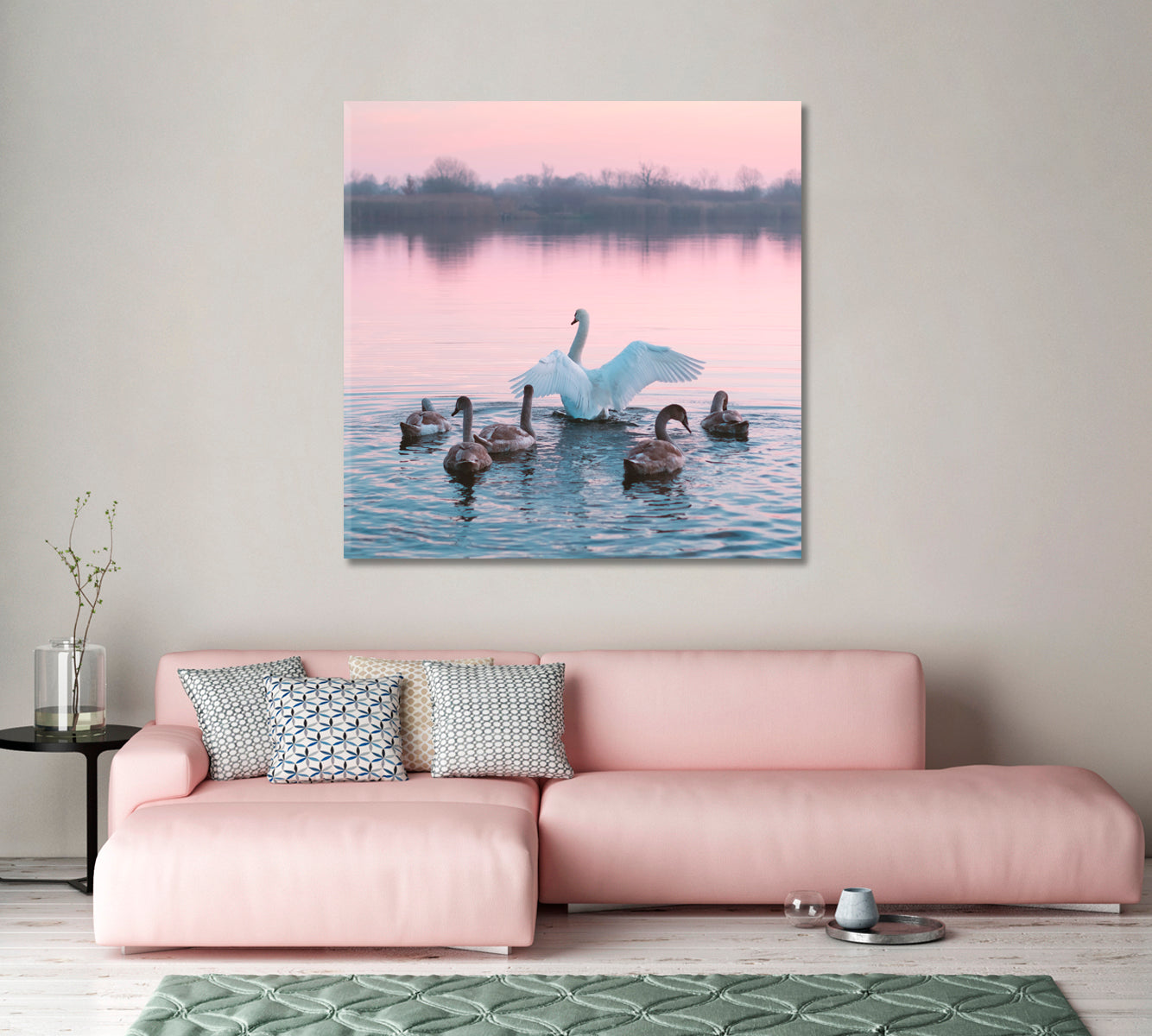 Swans Family in Pink Lake Canvas Print-Canvas Print-CetArt-1 panel-12x12 inches-CetArt