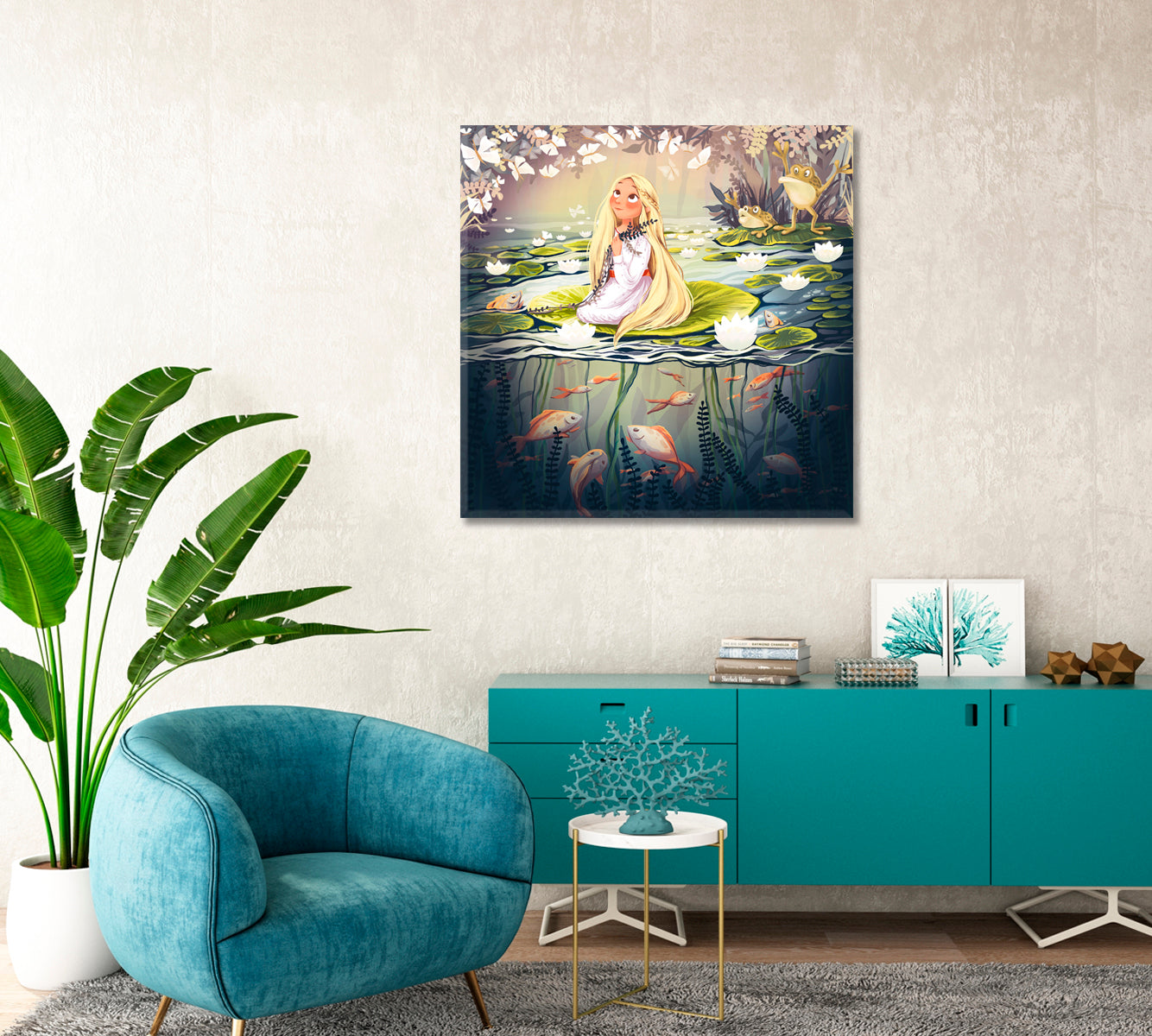 Cute Girl on Water Lily on Lake Canvas Print-Canvas Print-CetArt-1 panel-12x12 inches-CetArt