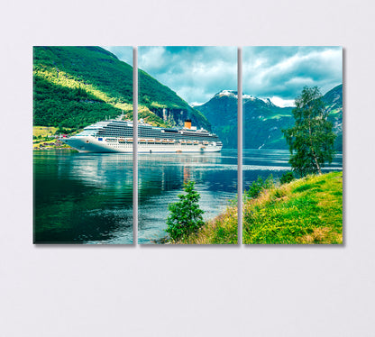 Green Geiranger Fjord with Cruise Ship Norway Canvas Print-Canvas Print-CetArt-3 Panels-36x24 inches-CetArt
