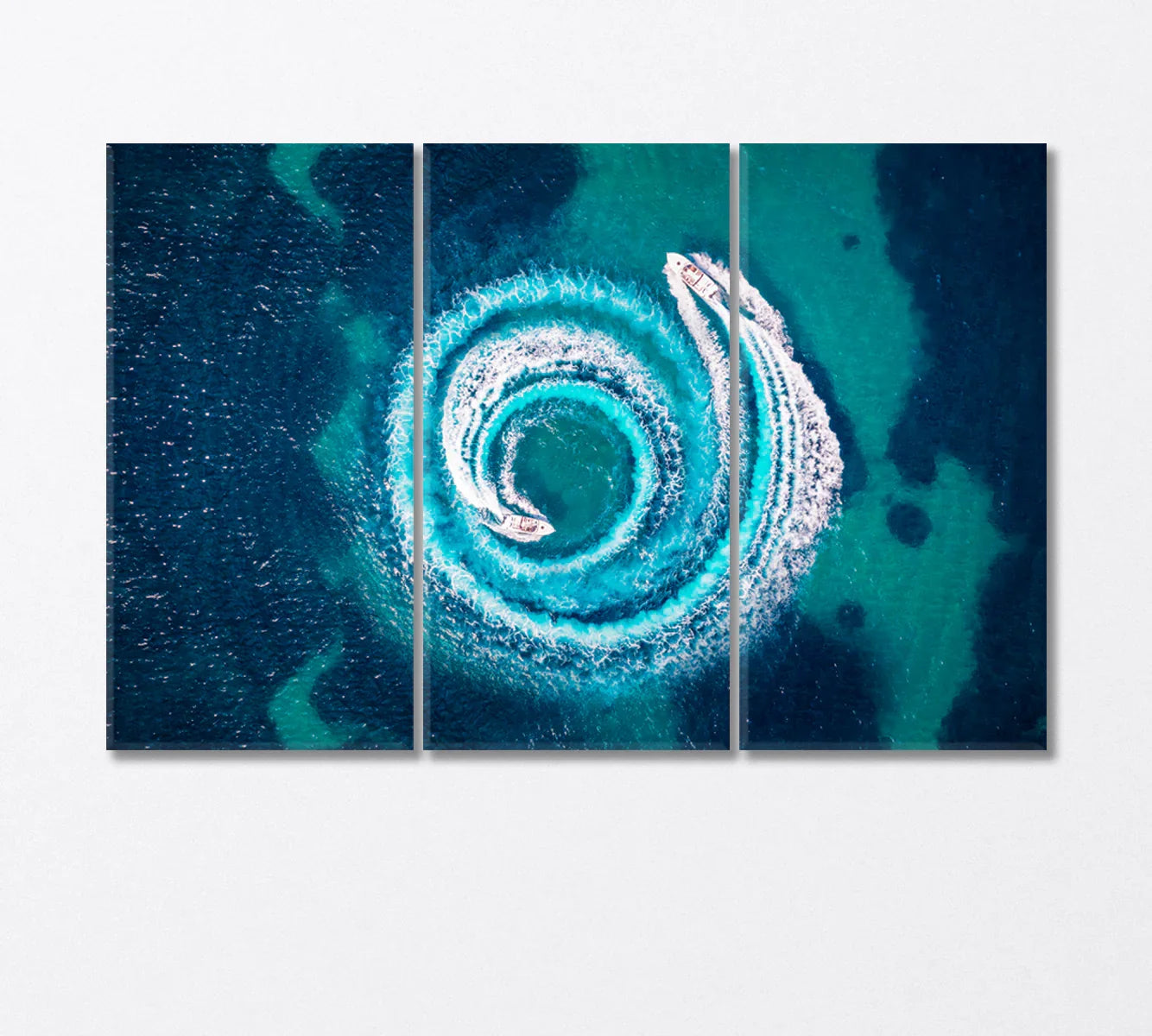 Triptych of the turquoise boat-wake spiral—clean white wall demonstration for conference room art.