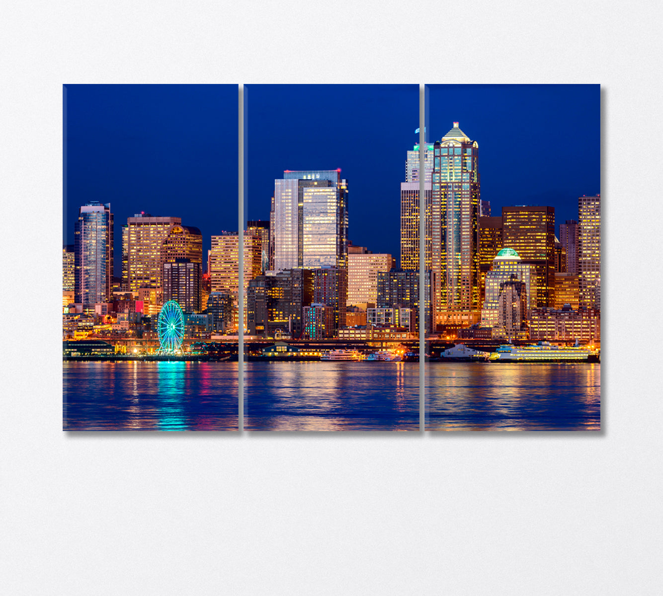 Night Illumination High Rise Buildings Seattle Washington Canvas Print-Canvas Print-CetArt-3 Panels-36x24 inches-CetArt