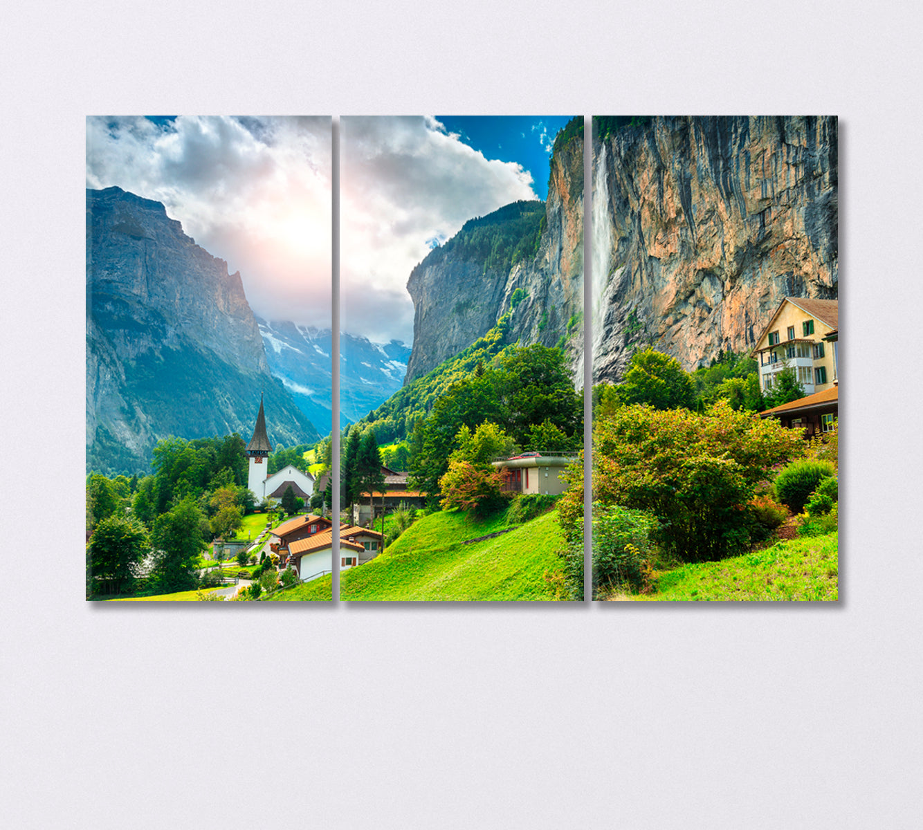 Alpine Village with Church and Staubbach Waterfall Switzerland Canvas Print-Canvas Print-CetArt-3 Panels-36x24 inches-CetArt