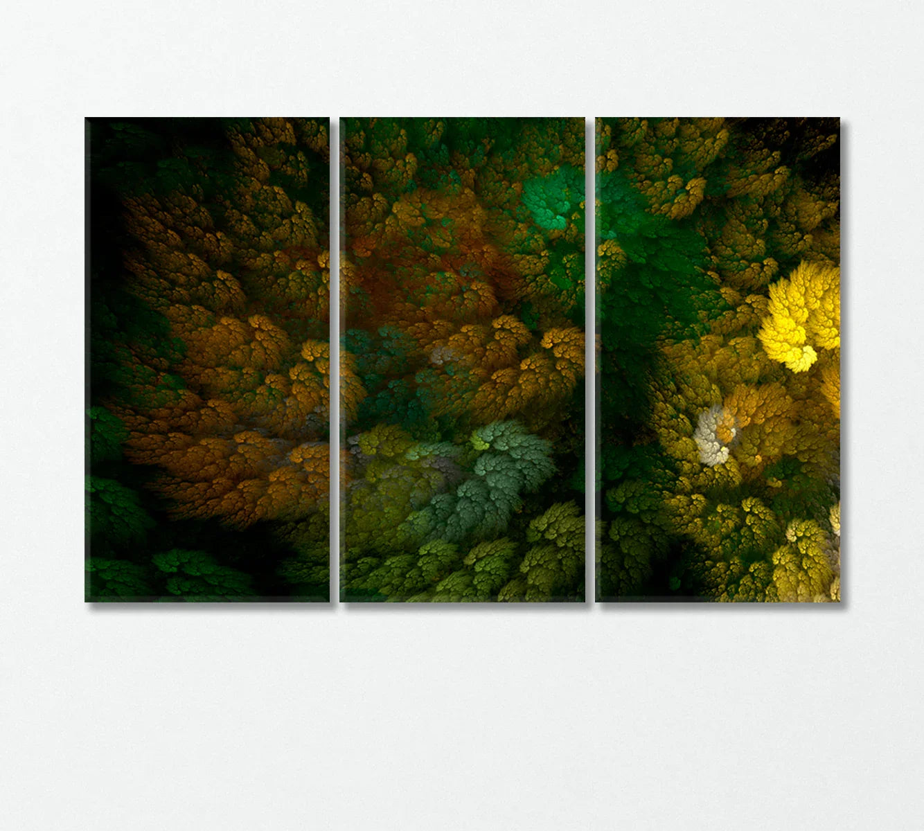 Abstract Multicolor Forest as a 3-panel set on white wall — clean, gallery style.