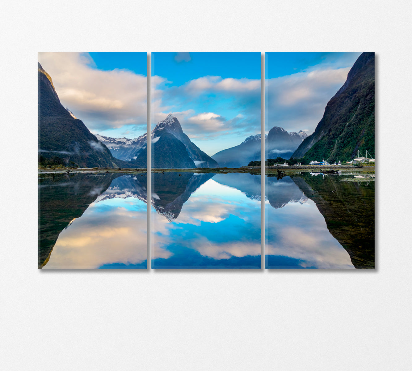 Reflection of Mountain Range in Lake Milford Sound New Zealand Canvas Print-Canvas Print-CetArt-3 Panels-36x24 inches-CetArt