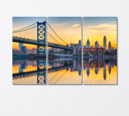 Sunset over Philadelphia and Ben Franklin Bridge Canvas Print-Canvas Print-CetArt-3 Panels-36x24 inches-CetArt