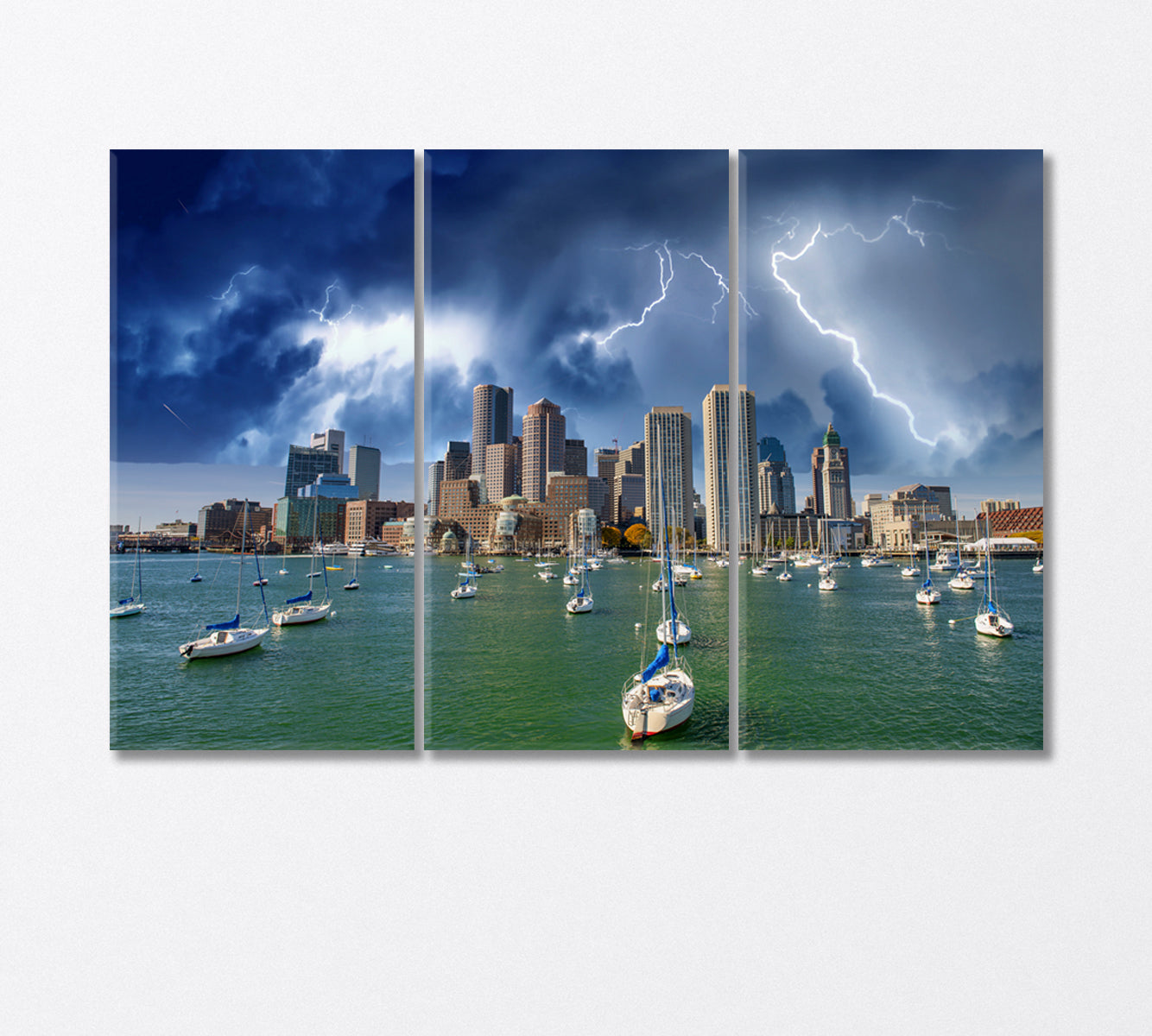 Boston Skyline and Boats Under an Impending Storm Canvas Print-Canvas Print-CetArt-3 Panels-36x24 inches-CetArt