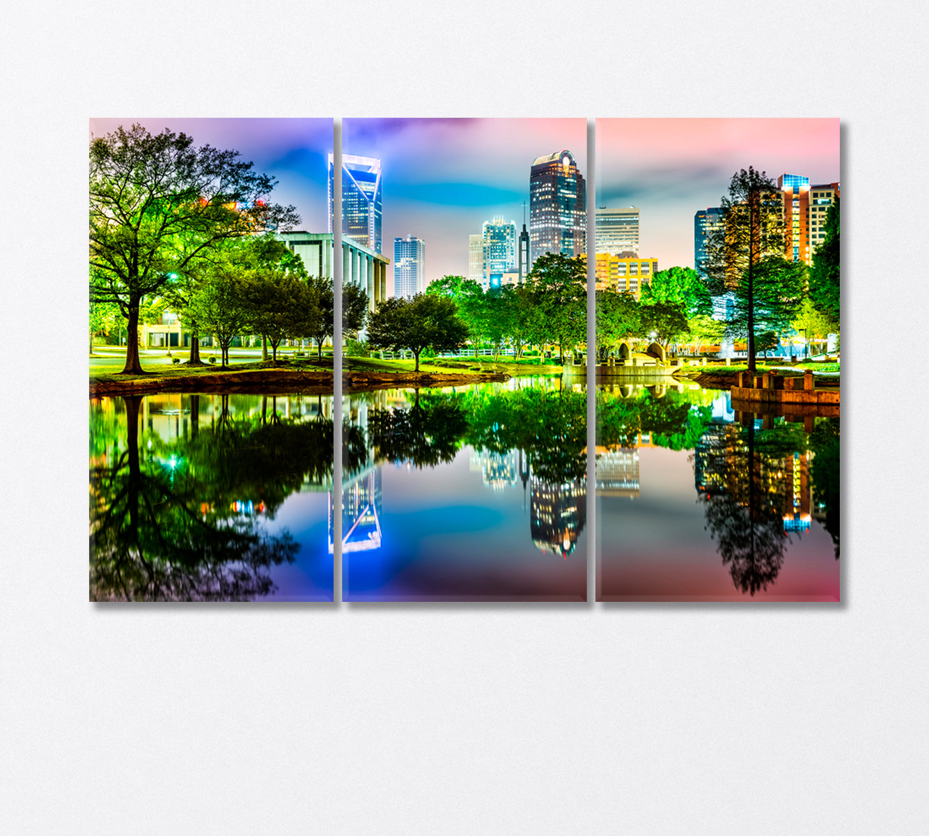 Reflection of Charlotte Lights in Marshall Park Pond Canvas Print-Canvas Print-CetArt-3 Panels-36x24 inches-CetArt