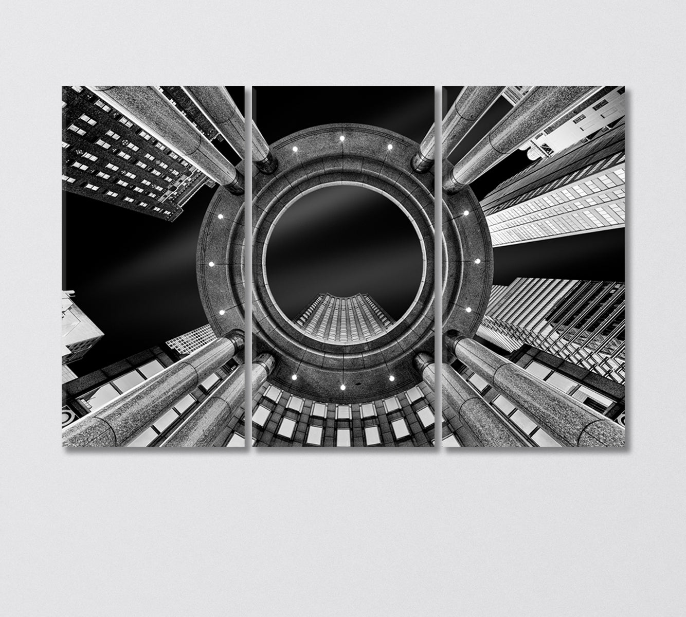 Bottom View of New York City Skyscrapers in Black White Canvas Print-Canvas Print-CetArt-3 Panels-36x24 inches-CetArt