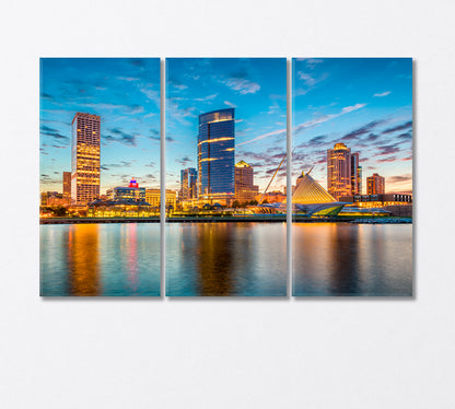 Milwaukee City on Lake Michigan Shore at Dusk Canvas Print-Canvas Print-CetArt-3 Panels-36x24 inches-CetArt